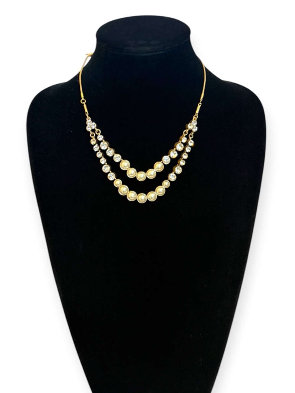 Ann Taylor LOFT Gold Tone Pearl Crystal Layered Necklace NWT
